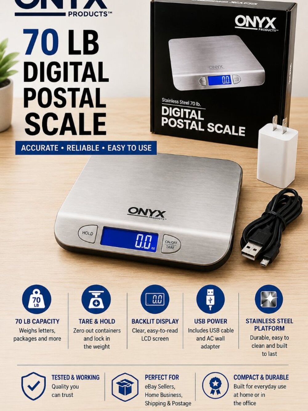 NEW ONYX 70 lb Digital Postal Shipping Scale Stainless Steel USB